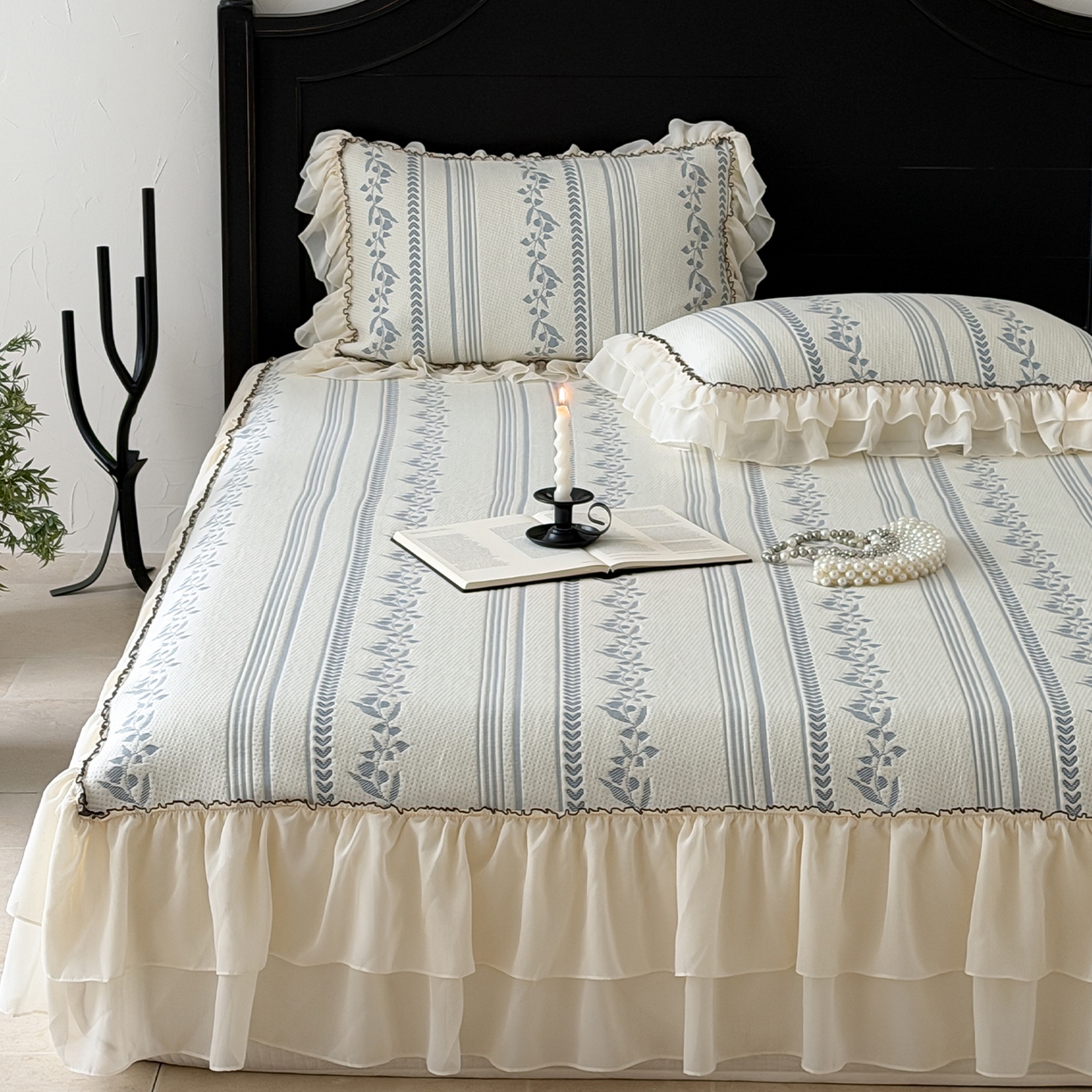 山茶家居-原创设计（原山茶家纺） 2026新款A类提花华夫格床盖款凉席三件套-罗马假日 罗马假日-深蓝