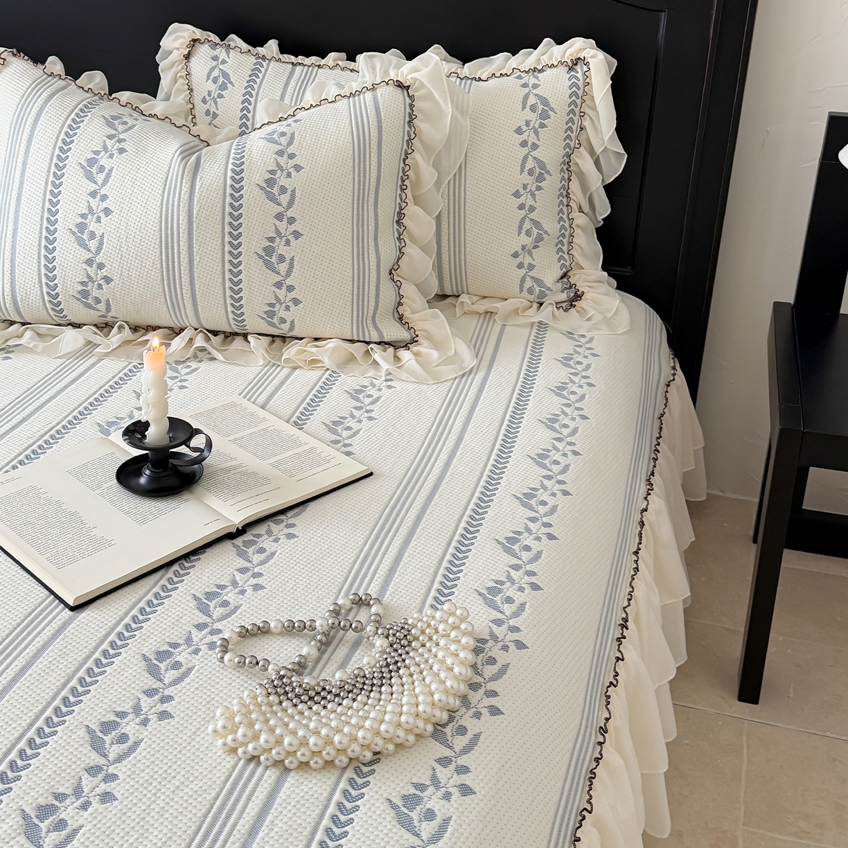 91家纺网 家纺一手货源 找家纺 山茶家居-原创设计（原山茶家纺） 2026新款A类提花华夫格床盖款凉席三件套-罗马假日 罗马假日-深蓝