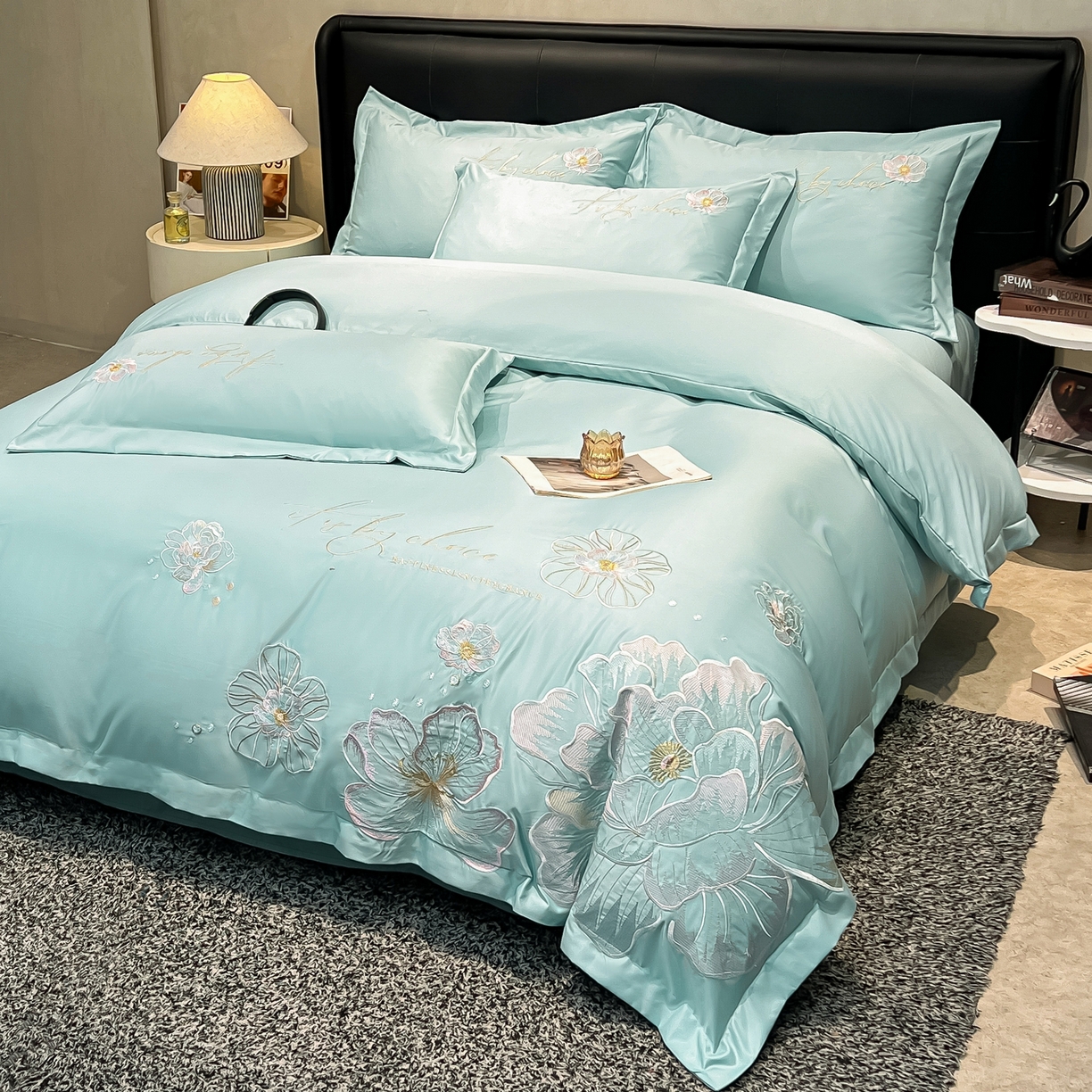 91家纺网 家纺一手货源 找家纺 色鬼布艺高端家居主号 2026新款水洗冰丝刺绣四件套花颜系列 花颜-梵星兰