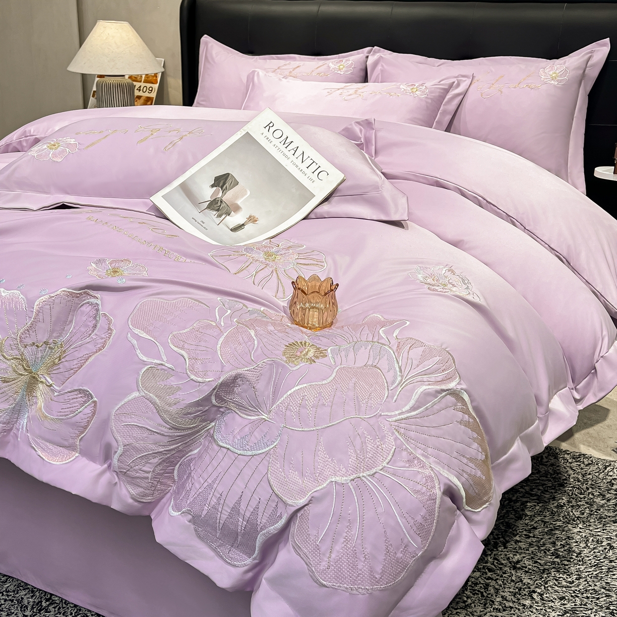 91家纺网 家纺一手货源 找家纺 色鬼布艺高端家居主号 2026新款水洗冰丝刺绣四件套花颜系列 花颜-芋泥紫