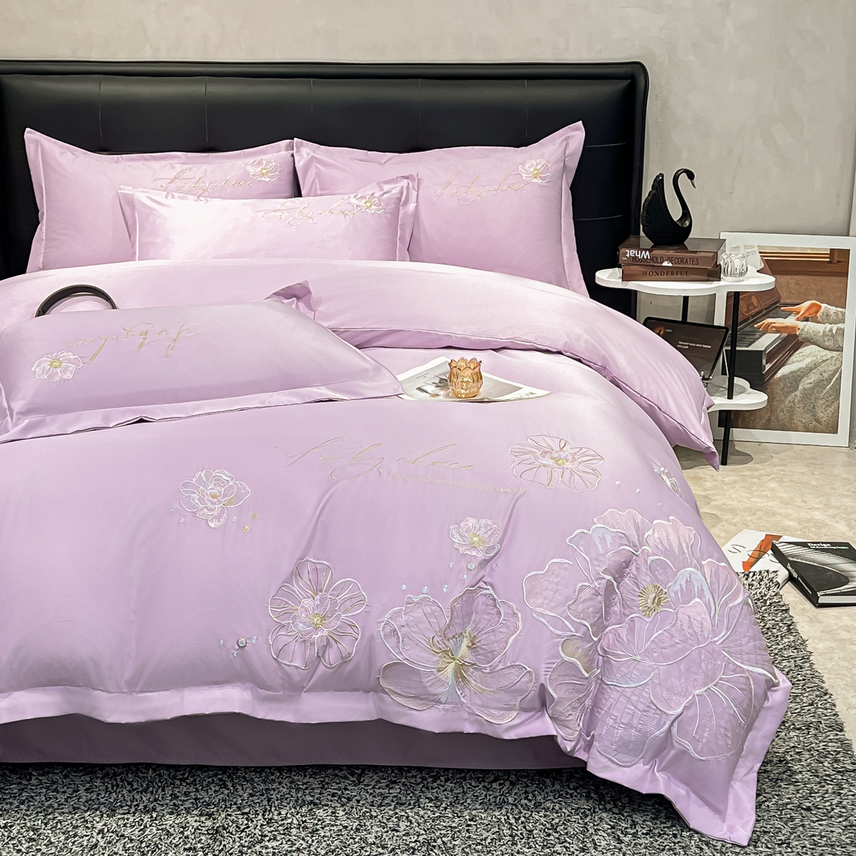 91家纺网 家纺一手货源 找家纺 色鬼布艺高端家居主号 2026新款水洗冰丝刺绣四件套花颜系列 花颜-芋泥紫