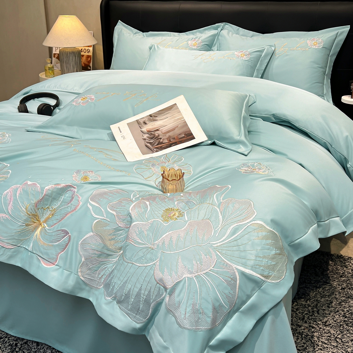 91家纺网 家纺一手货源 找家纺 色鬼布艺高端家居主号 2026新款水洗冰丝刺绣四件套花颜系列 花颜-梵星兰