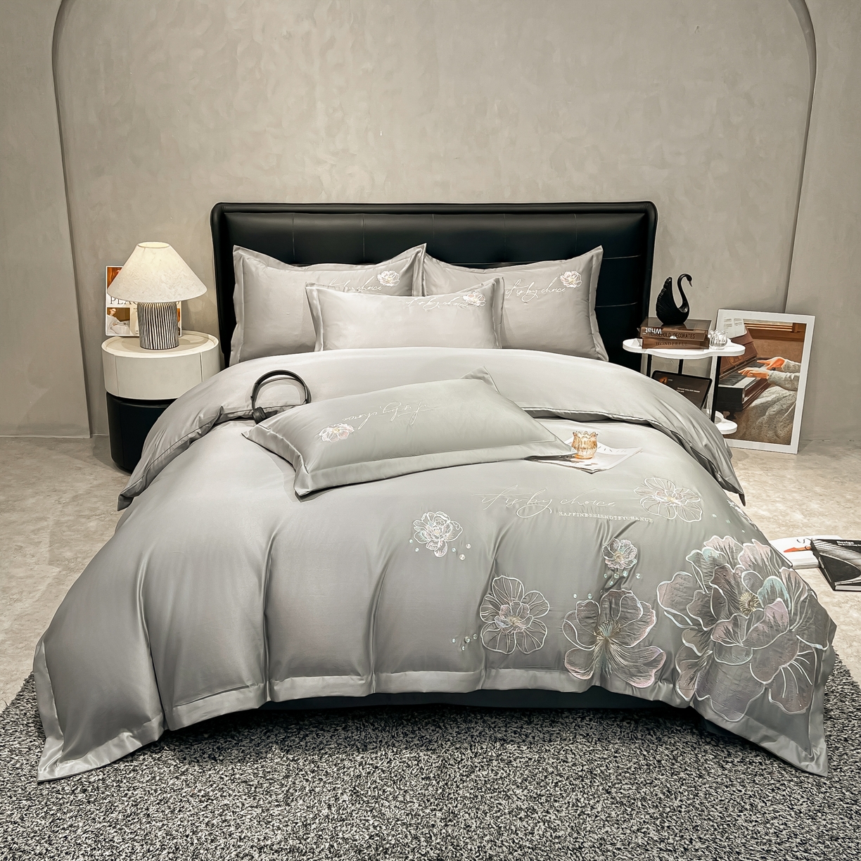 色鬼布艺高端家居主号 2026新款水洗冰丝刺绣四件套花颜系列 花颜-高级灰