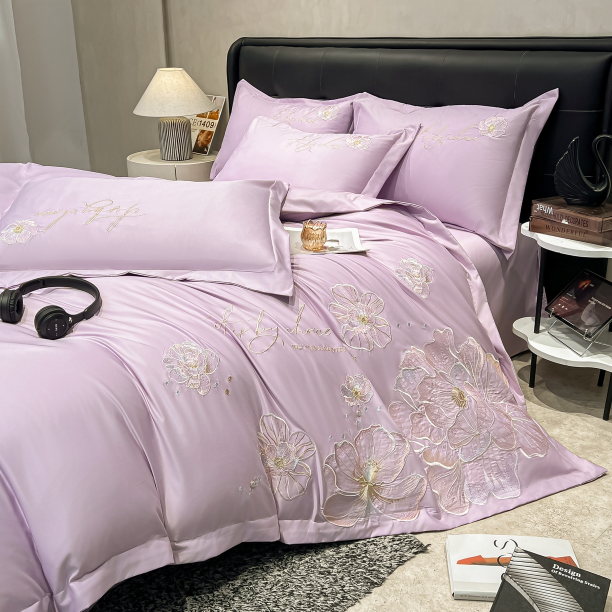 91家纺网 家纺一手货源 找家纺 色鬼布艺高端家居主号 2026新款水洗冰丝刺绣四件套花颜系列 花颜-芋泥紫