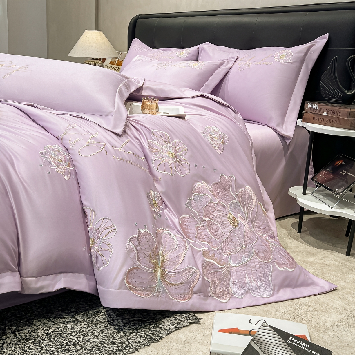 91家纺网 家纺一手货源 找家纺 色鬼布艺高端家居主号 2026新款水洗冰丝刺绣四件套花颜系列 花颜-芋泥紫