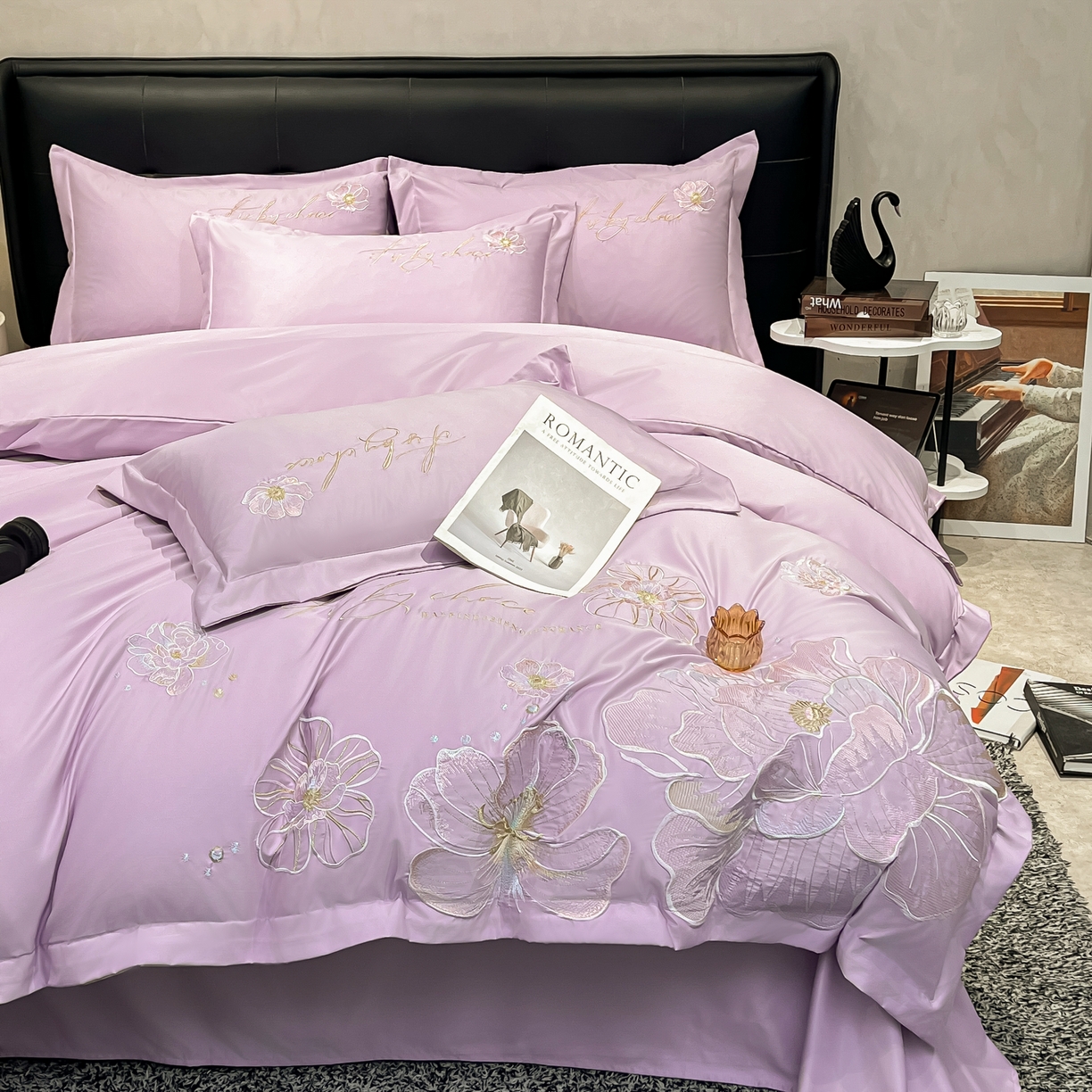 91家纺网 家纺一手货源 找家纺 色鬼布艺高端家居主号 2026新款水洗冰丝刺绣四件套花颜系列 花颜-芋泥紫