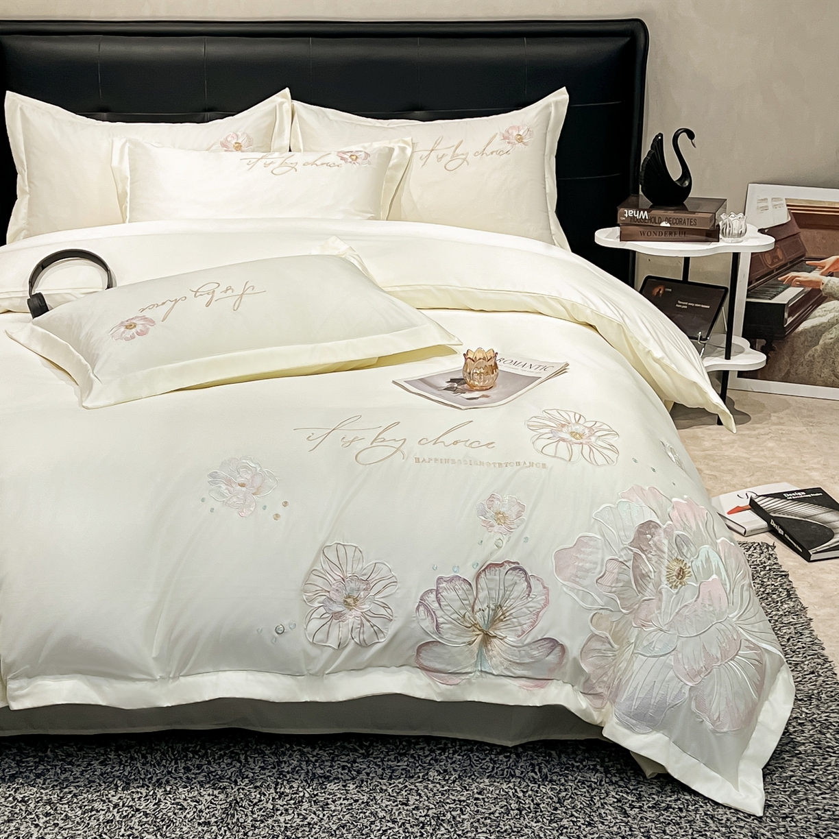 91家纺网 家纺一手货源 找家纺 色鬼布艺高端家居主号 2026新款水洗冰丝刺绣四件套花颜系列 花颜-纯洁白