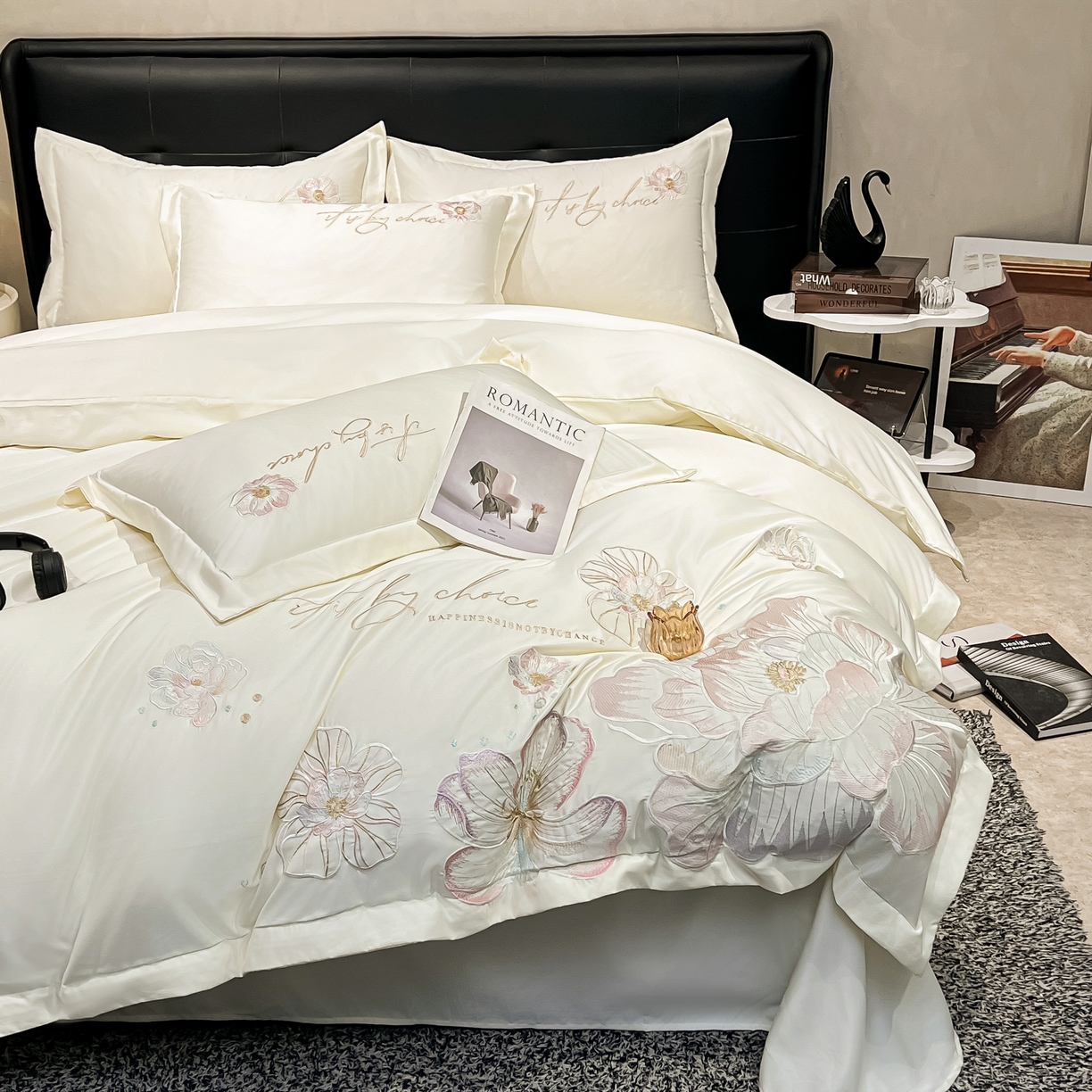 91家纺网 家纺一手货源 找家纺 色鬼布艺高端家居主号 2026新款水洗冰丝刺绣四件套花颜系列 花颜-纯洁白