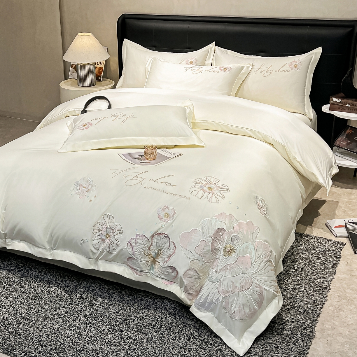 91家纺网 家纺一手货源 找家纺 色鬼布艺高端家居主号 2026新款水洗冰丝刺绣四件套花颜系列 花颜-纯洁白