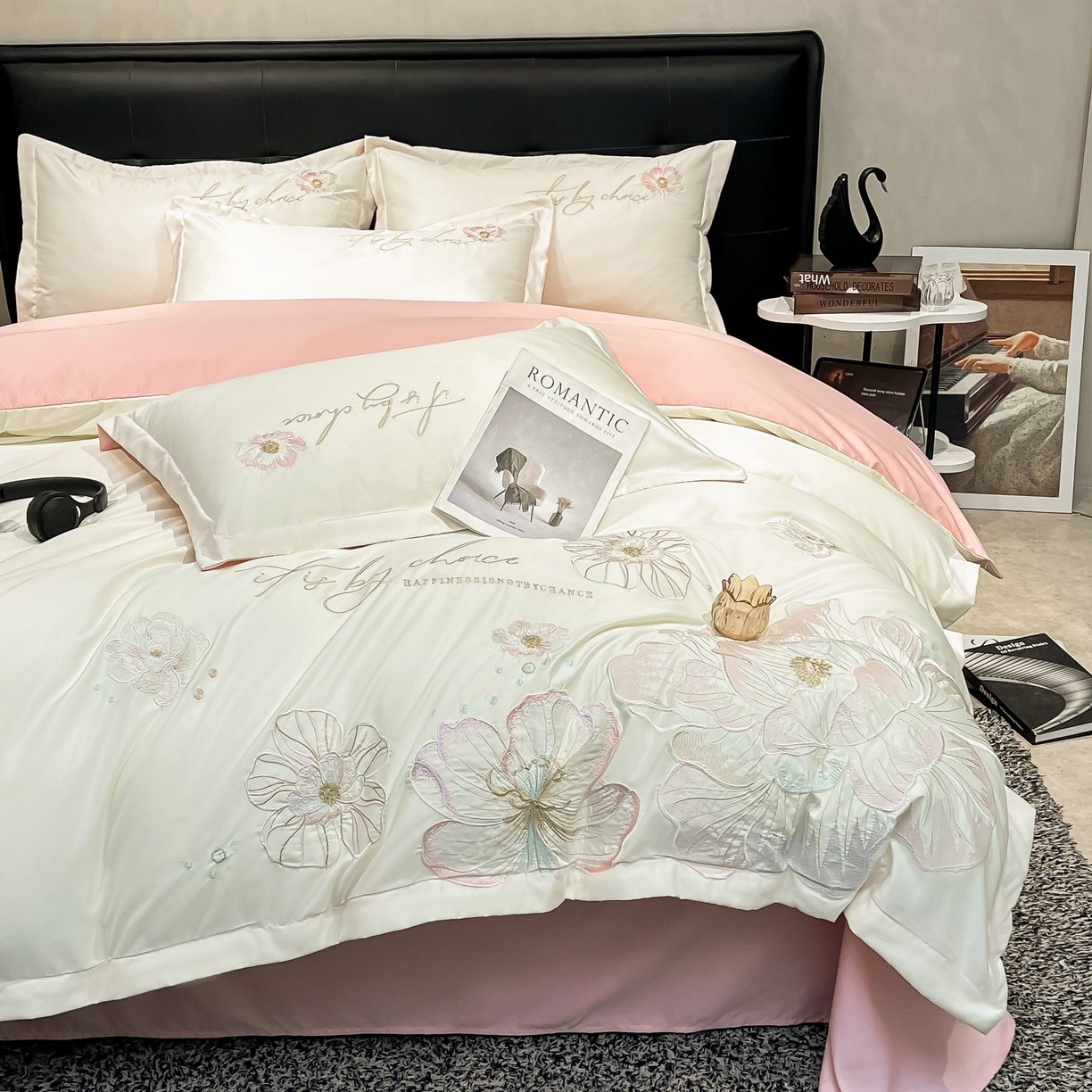 91家纺网 家纺一手货源 找家纺 色鬼布艺高端家居主号 2026新款水洗冰丝刺绣四件套花颜系列 花颜-白桃