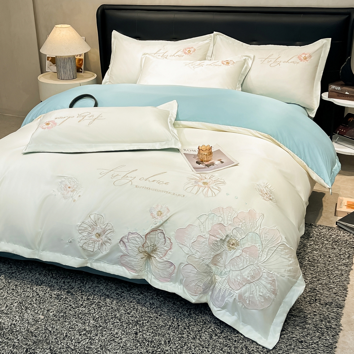 91家纺网 家纺一手货源 找家纺 色鬼布艺高端家居主号 2026新款水洗冰丝刺绣四件套花颜系列 花颜-白兰