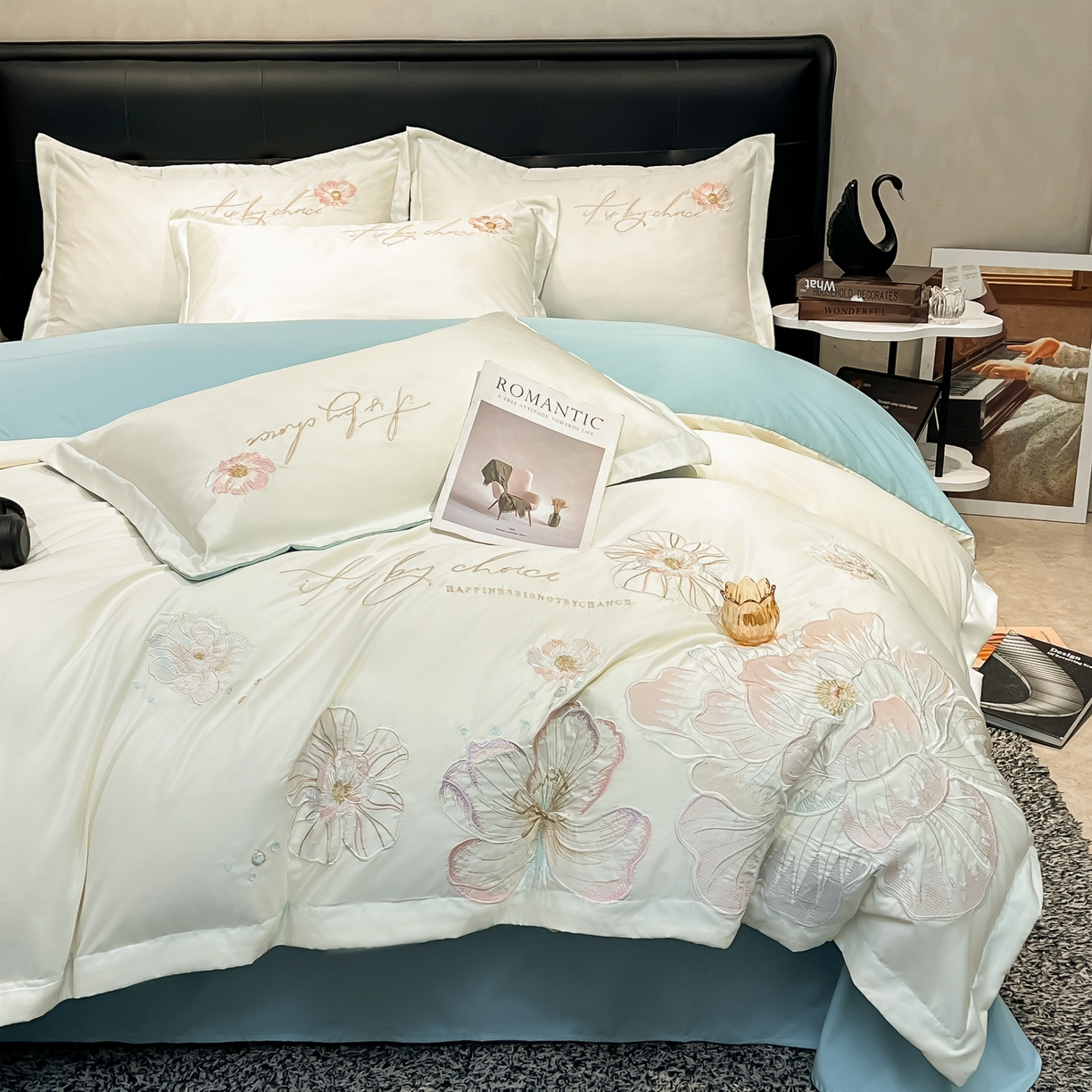 91家纺网 家纺一手货源 找家纺 色鬼布艺高端家居主号 2026新款水洗冰丝刺绣四件套花颜系列 花颜-白兰