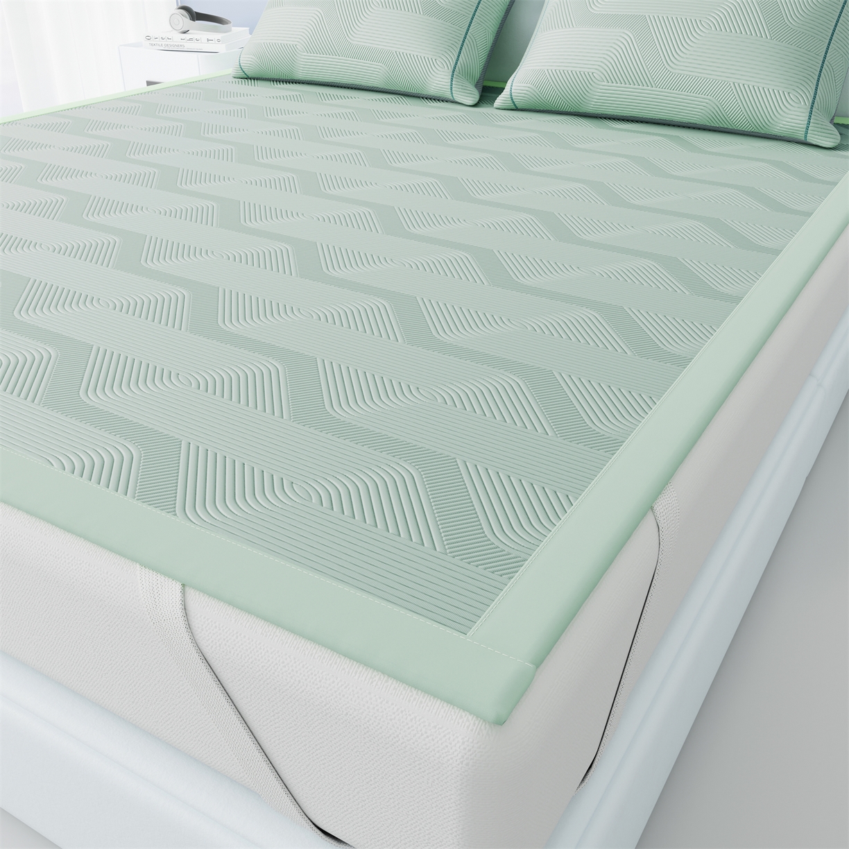 91家纺网 家纺一手货源 找家纺 怡源梦 2026新款PE高分子加厚三明治冰豆豆水波纹全包包边单枕套枕套单件 水波纹-绿色