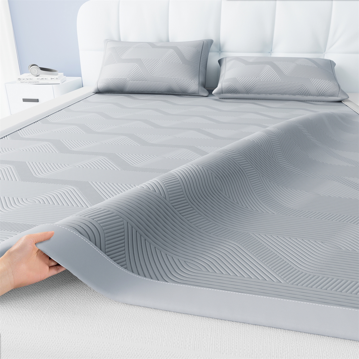 91家纺网 家纺一手货源 找家纺 怡源梦 2026新款PE高分子加厚三明治冰豆豆水波纹全包包边单枕套枕套单件 水波纹-灰色