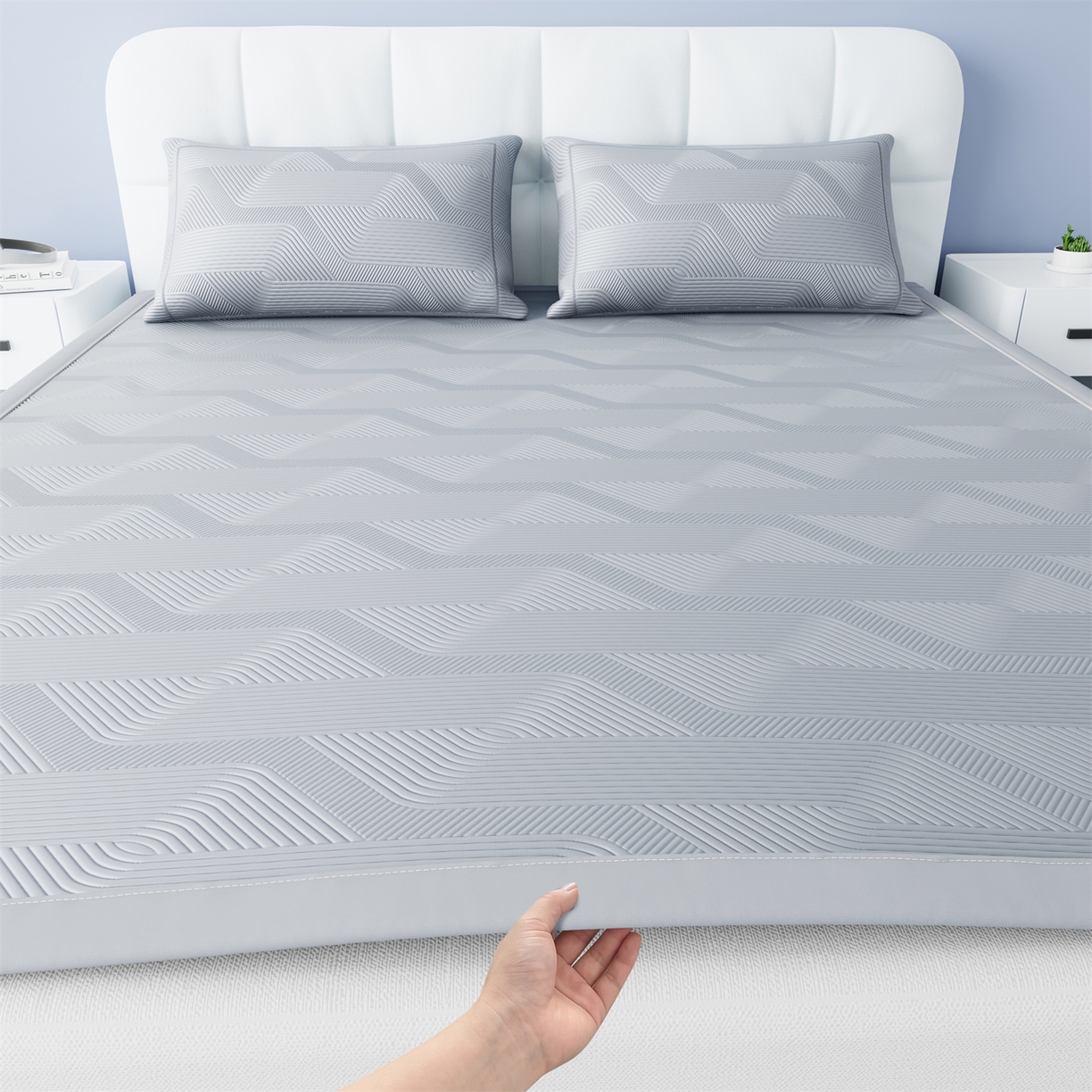 91家纺网 家纺一手货源 找家纺 怡源梦 2026新款PE高分子加厚三明治冰豆豆水波纹全包包边单枕套枕套单件 水波纹-灰色