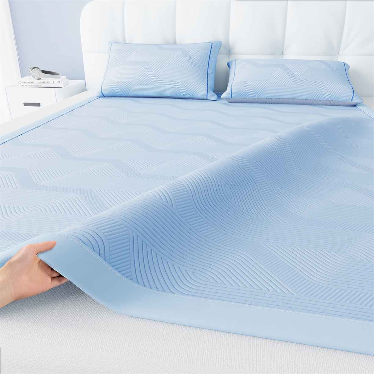 91家纺网 家纺一手货源 找家纺 怡源梦 2026新款PE高分子加厚三明治冰豆豆水波纹全包包边单枕套枕套单件 水波纹-兰色