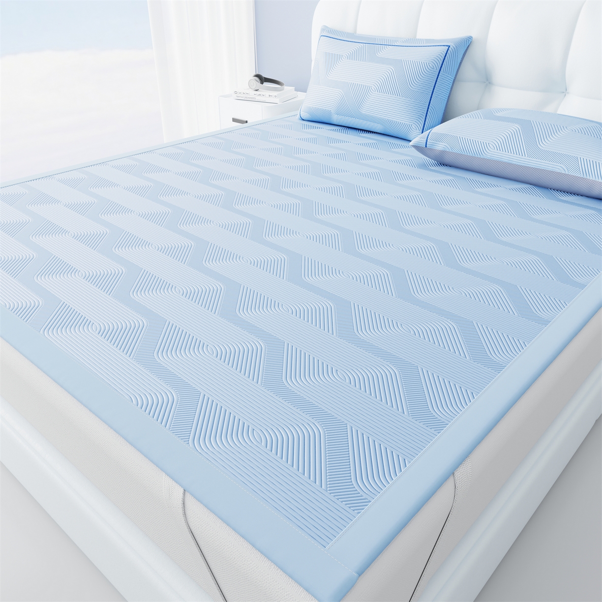 91家纺网 家纺一手货源 找家纺 怡源梦 2026新款PE高分子加厚三明治冰豆豆水波纹全包包边单枕套枕套单件 水波纹-兰色