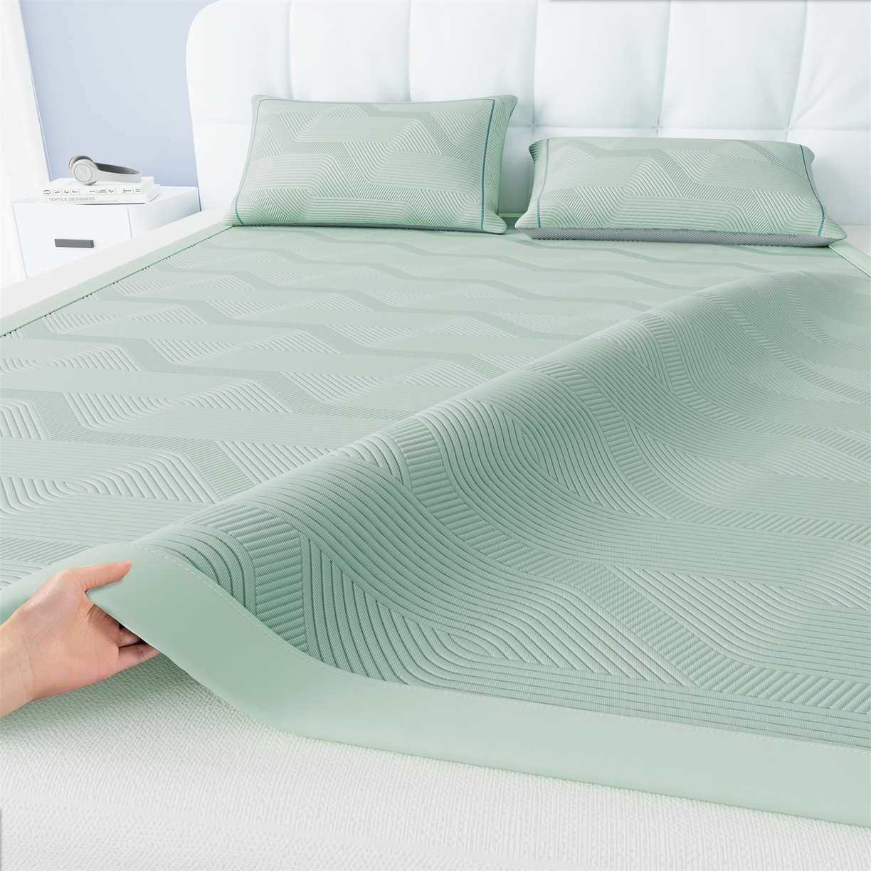 91家纺网 家纺一手货源 找家纺 怡源梦 2026新款PE高分子加厚三明治冰豆豆水波纹全包包边单枕套枕套单件 水波纹-绿色