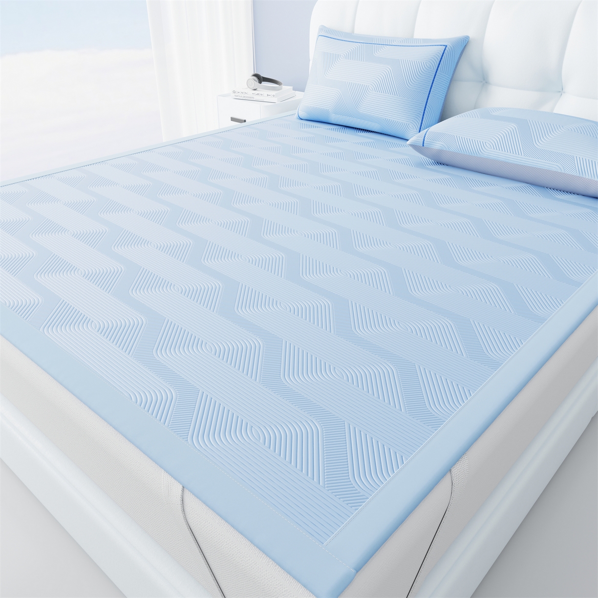 91家纺网 家纺一手货源 找家纺 怡源梦 2026新款PE高分子加厚三明治冰豆豆水波纹全包包边单枕套枕套单件 水波纹-兰色