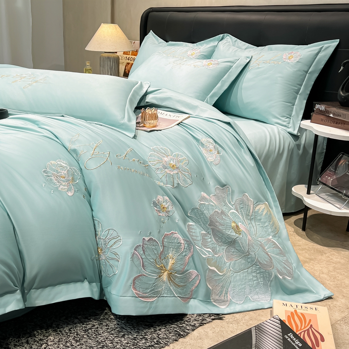 91家纺网 家纺一手货源 找家纺 色鬼布艺高端家居主号 2026新款水洗冰丝刺绣四件套花颜系列 花颜-梵星兰