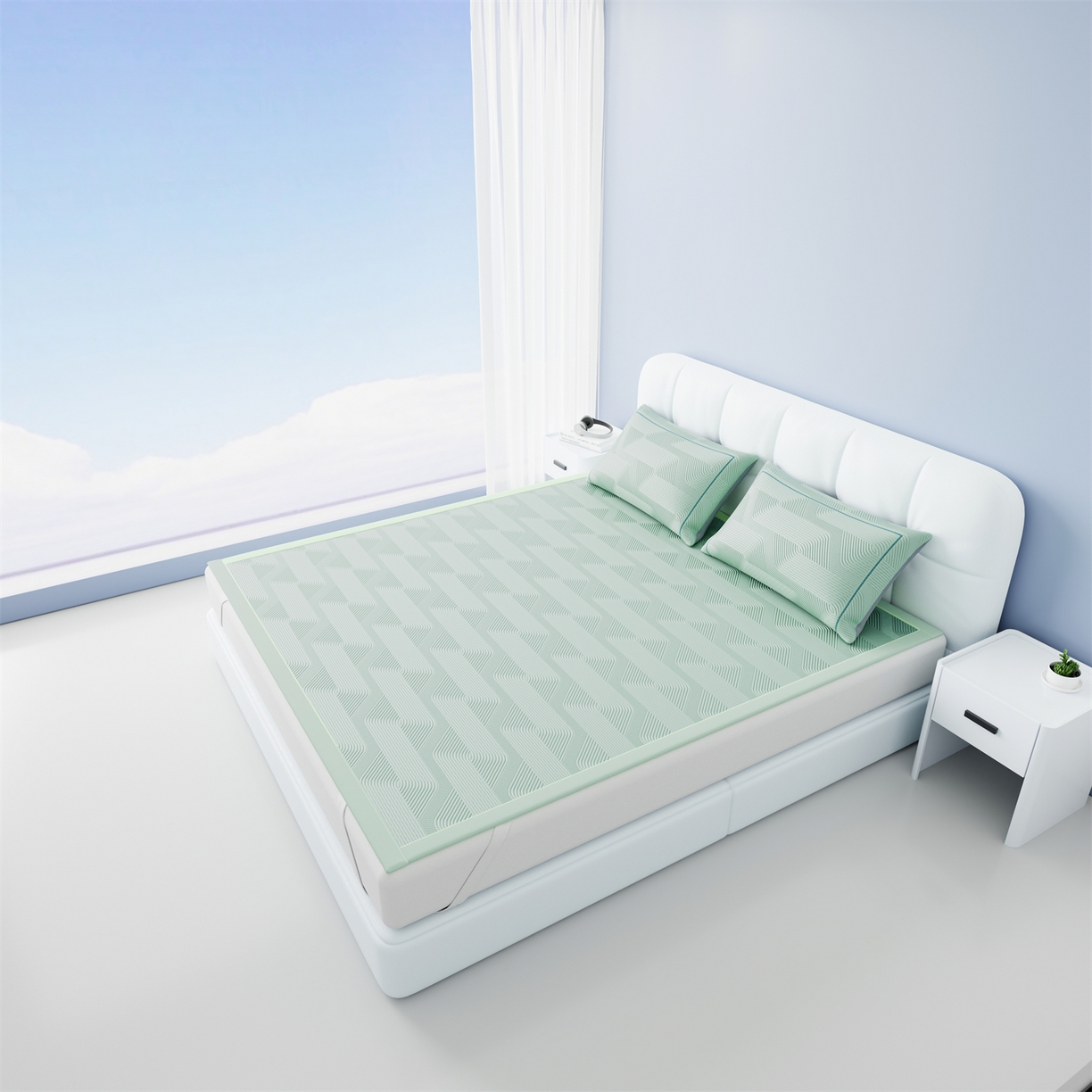 91家纺网 家纺一手货源 找家纺 怡源梦 2026新款PE高分子加厚三明治冰豆豆水波纹全包包边单枕套枕套单件 水波纹-绿色