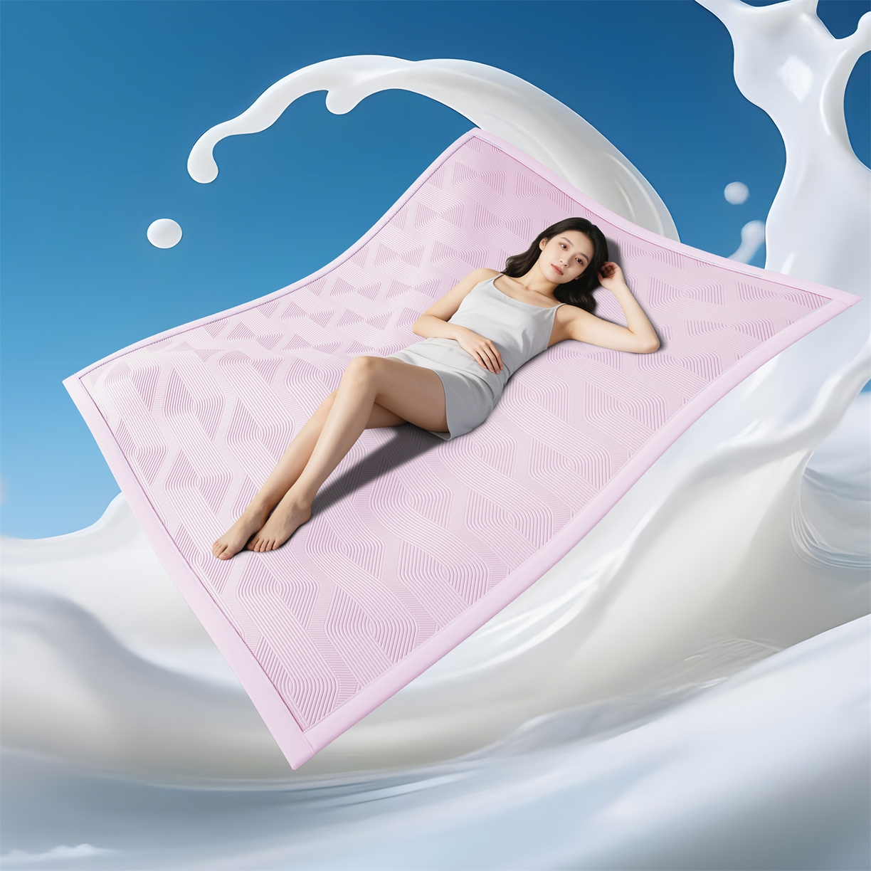 91家纺网 家纺一手货源 找家纺 怡源梦 2026新款PE高分子加厚三明治冰豆豆水波纹全包包边凉席席子 水波纹-粉色