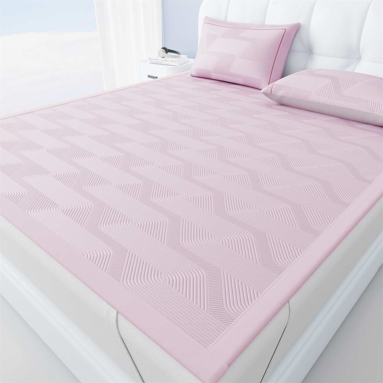 91家纺网 家纺一手货源 找家纺 怡源梦 2026新款PE高分子加厚三明治冰豆豆水波纹全包包边凉席席子 水波纹-粉色