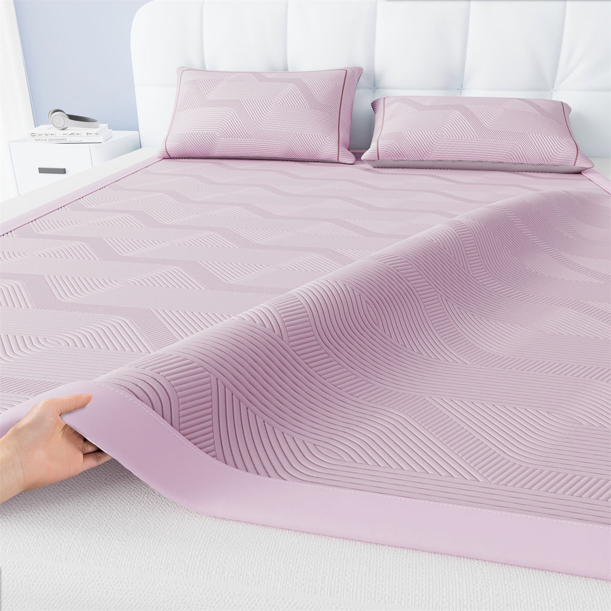 91家纺网 家纺一手货源 找家纺 怡源梦 2026新款PE高分子加厚三明治冰豆豆水波纹全包包边凉席席子 水波纹-粉色