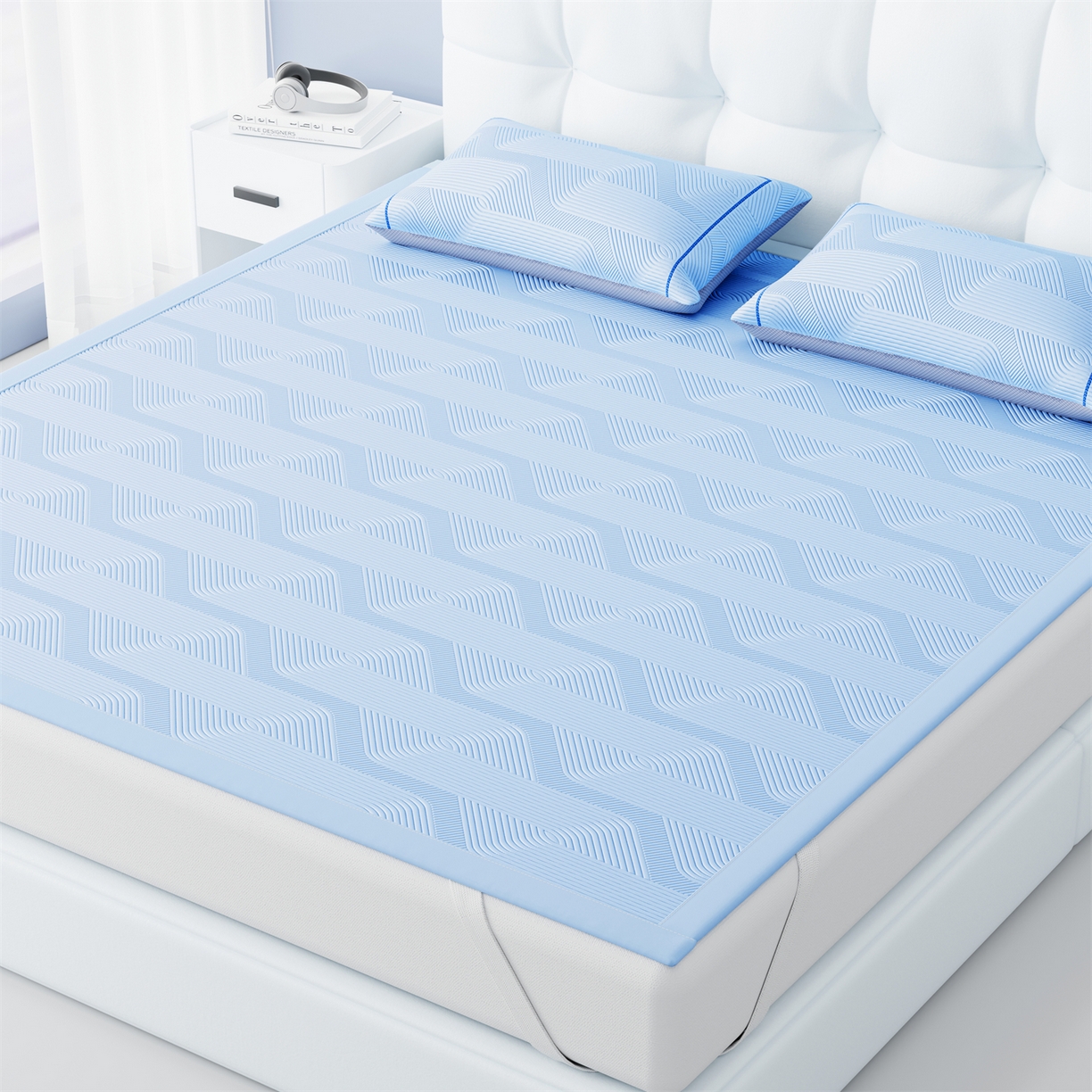 91家纺网 家纺一手货源 找家纺 怡源梦 2026新款PE高分子加厚三明治冰豆豆水波纹全包包边凉席席子 水波纹-兰色