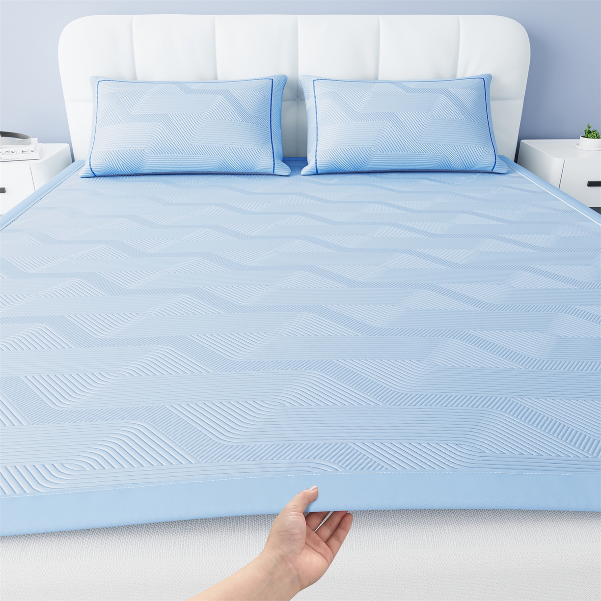 怡源梦 2026新款PE高分子加厚三明治冰豆豆水波纹全包包边凉席席子 水波纹-兰色