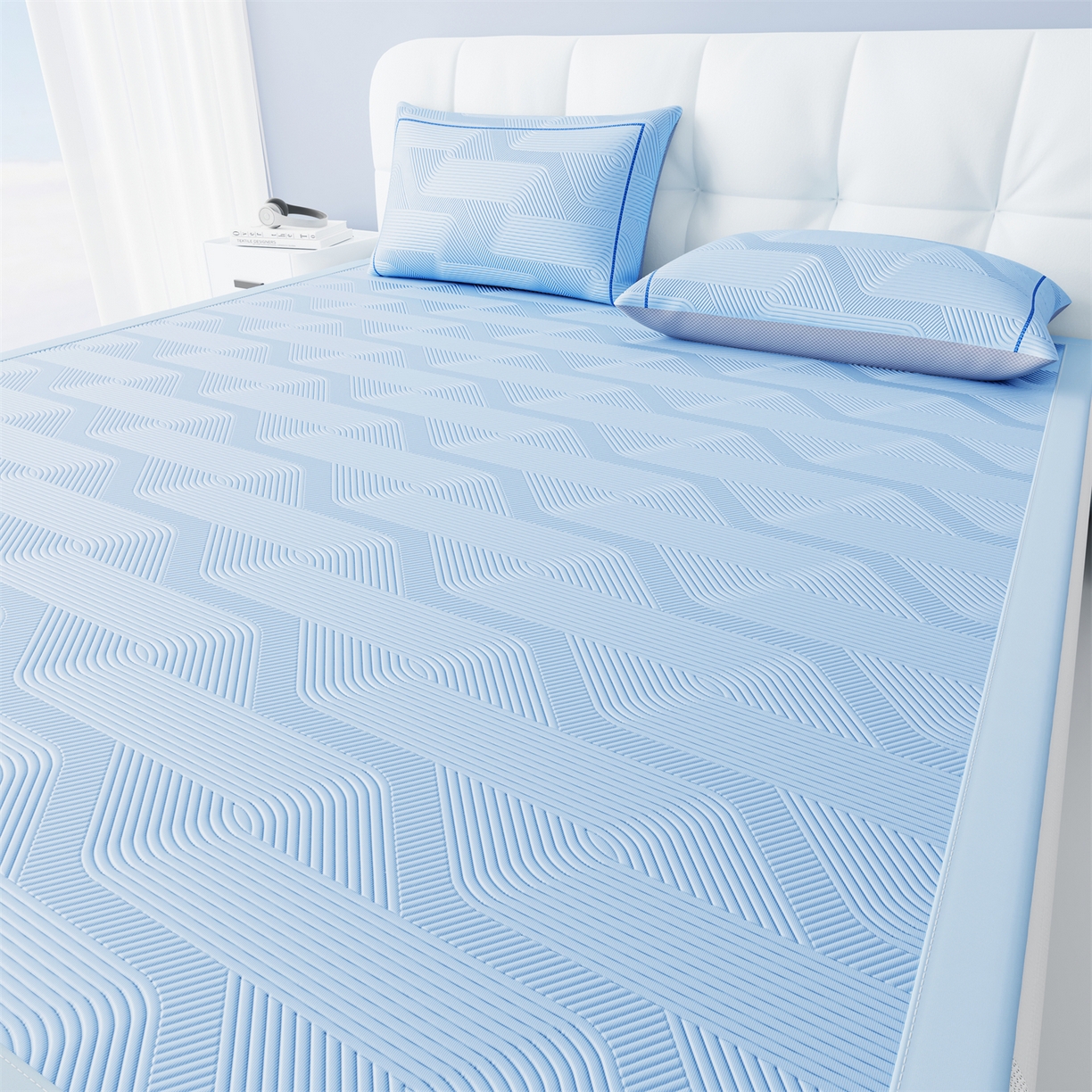 91家纺网 家纺一手货源 找家纺 怡源梦 2026新款PE高分子加厚三明治冰豆豆水波纹全包包边凉席席子 水波纹-兰色