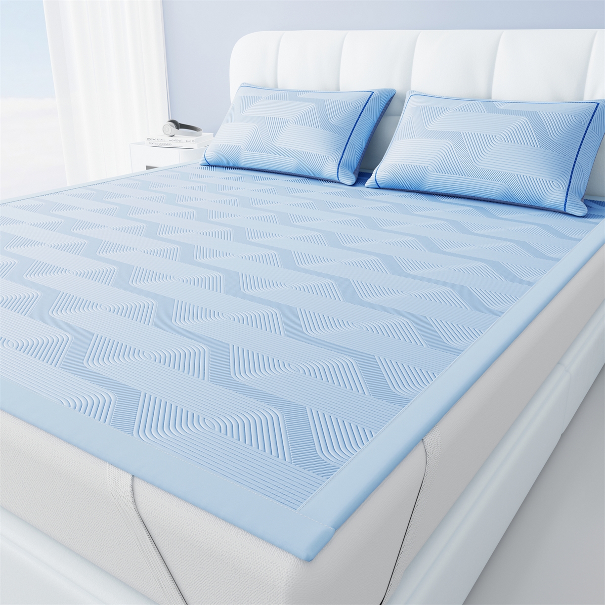 91家纺网 家纺一手货源 找家纺 怡源梦 2026新款PE高分子加厚三明治冰豆豆水波纹全包包边凉席席子 水波纹-兰色