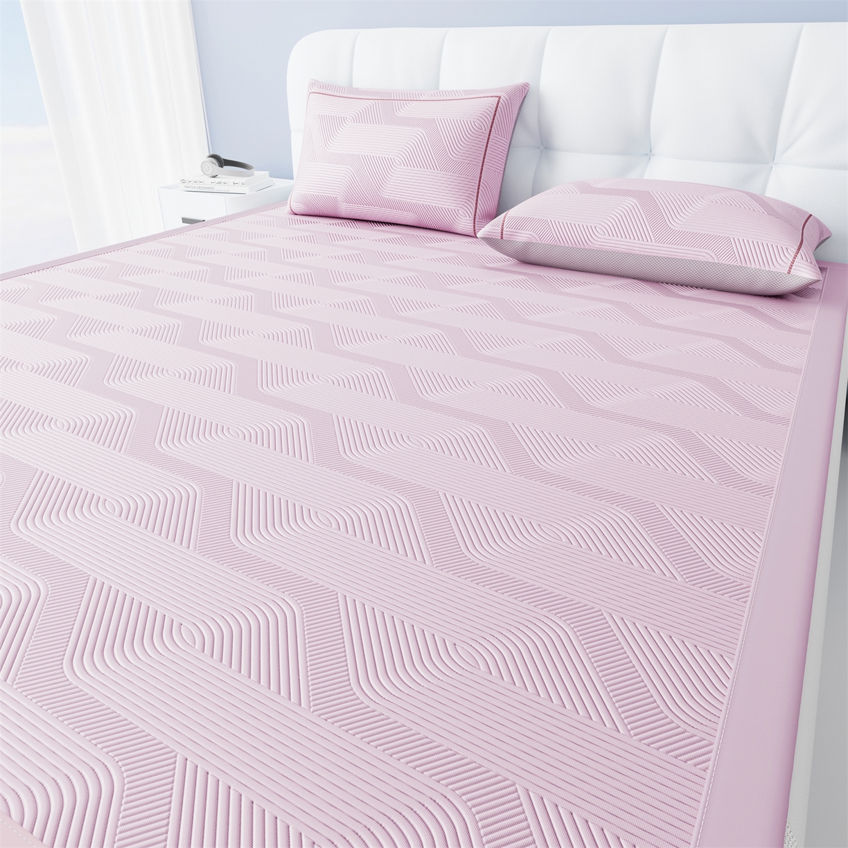 91家纺网 家纺一手货源 找家纺 怡源梦 2026新款PE高分子加厚三明治冰豆豆水波纹全包包边凉席席子 水波纹-粉色