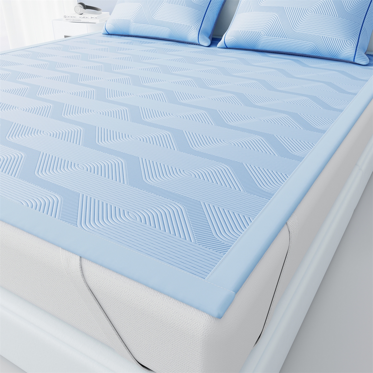 91家纺网 家纺一手货源 找家纺 怡源梦 2026新款PE高分子加厚三明治冰豆豆水波纹全包包边凉席席子 水波纹-兰色