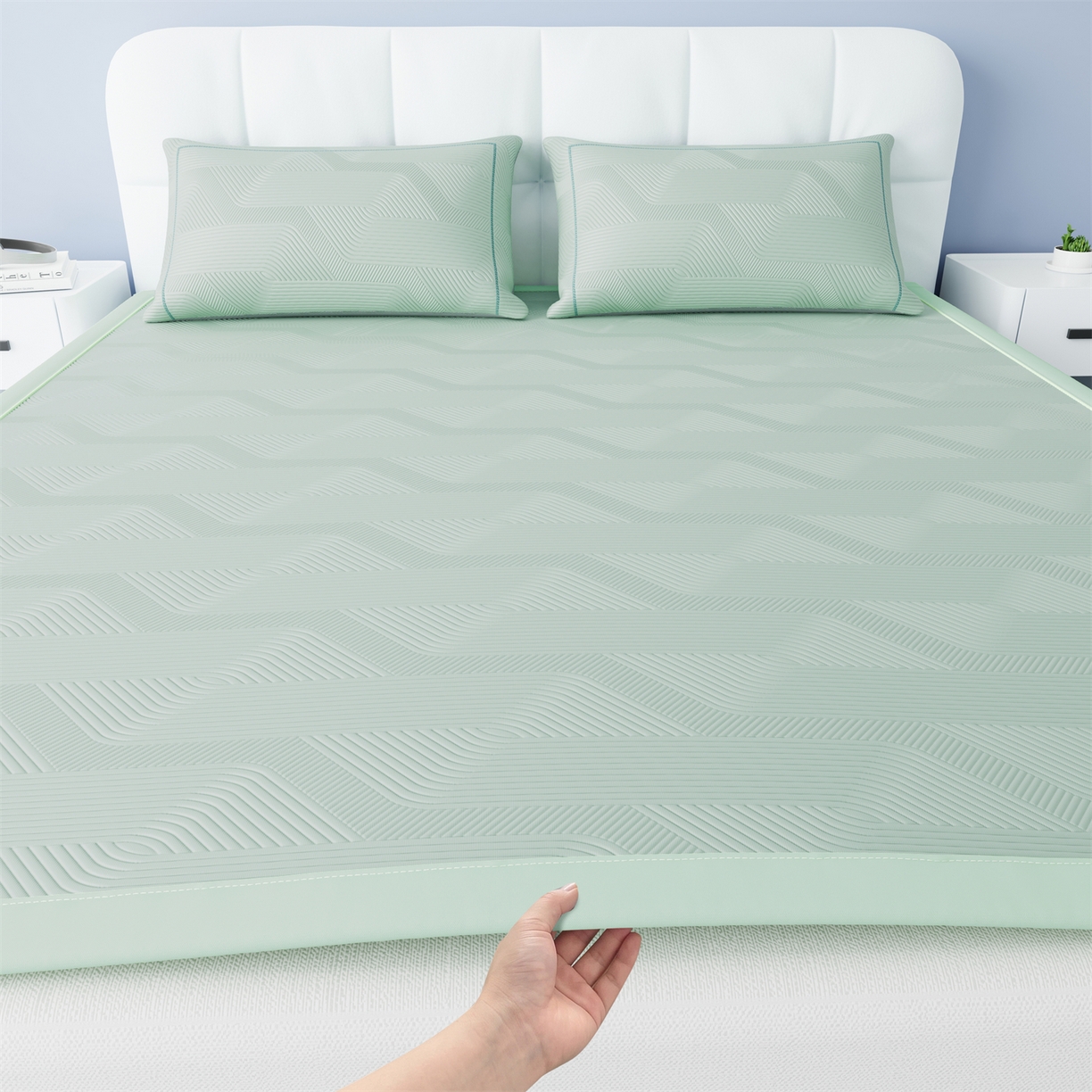 怡源梦 2026新款PE高分子加厚三明治冰豆豆水波纹全包包边凉席席子 水波纹-绿色