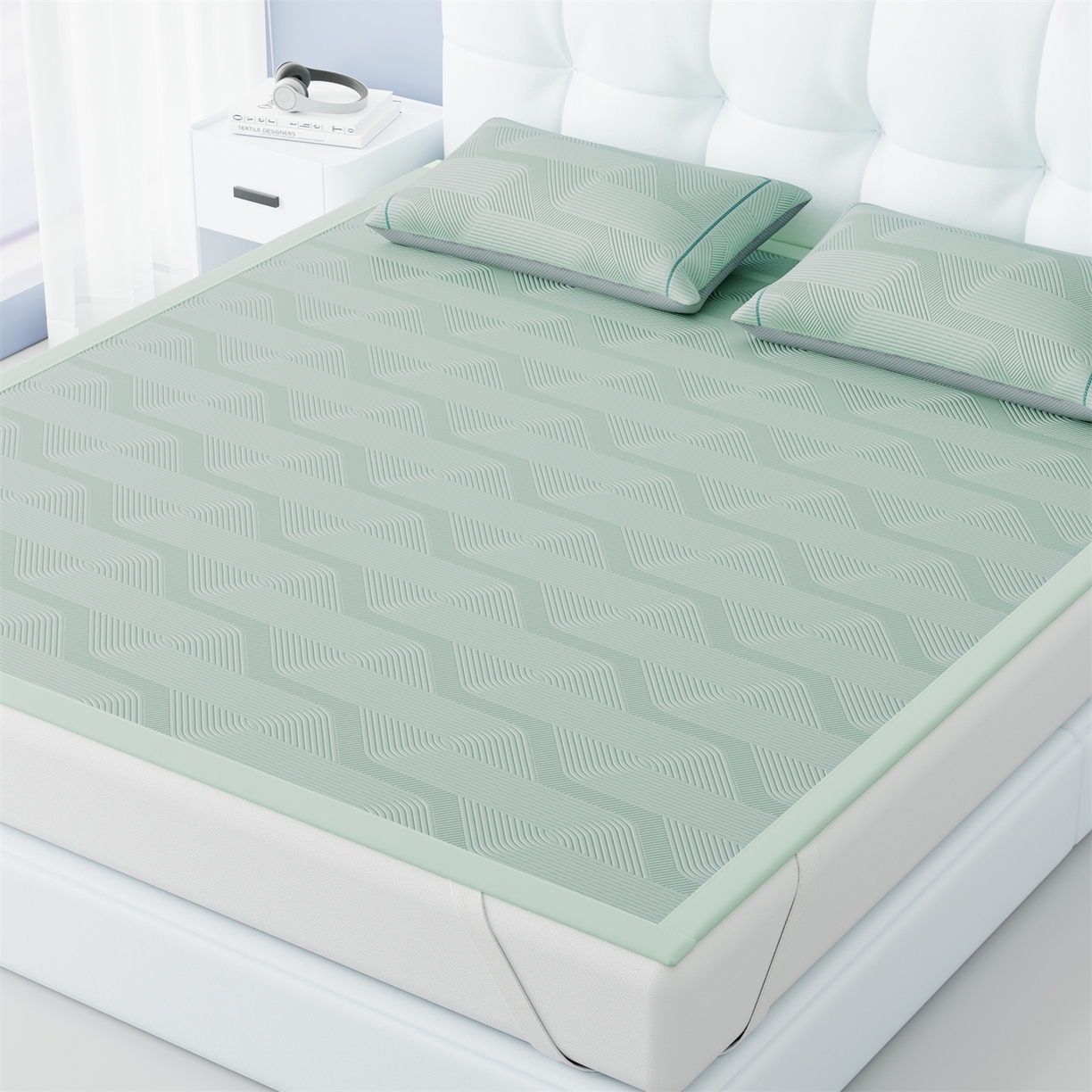 91家纺网 家纺一手货源 找家纺 怡源梦 2026新款PE高分子加厚三明治冰豆豆水波纹全包包边凉席席子 水波纹-绿色