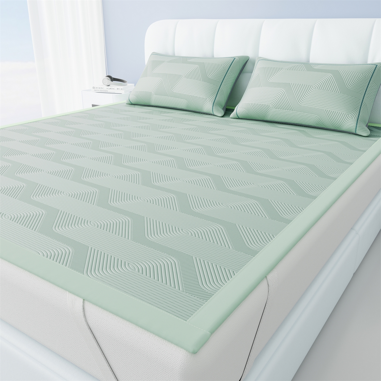 91家纺网 家纺一手货源 找家纺 怡源梦 2026新款PE高分子加厚三明治冰豆豆水波纹全包包边凉席席子 水波纹-绿色