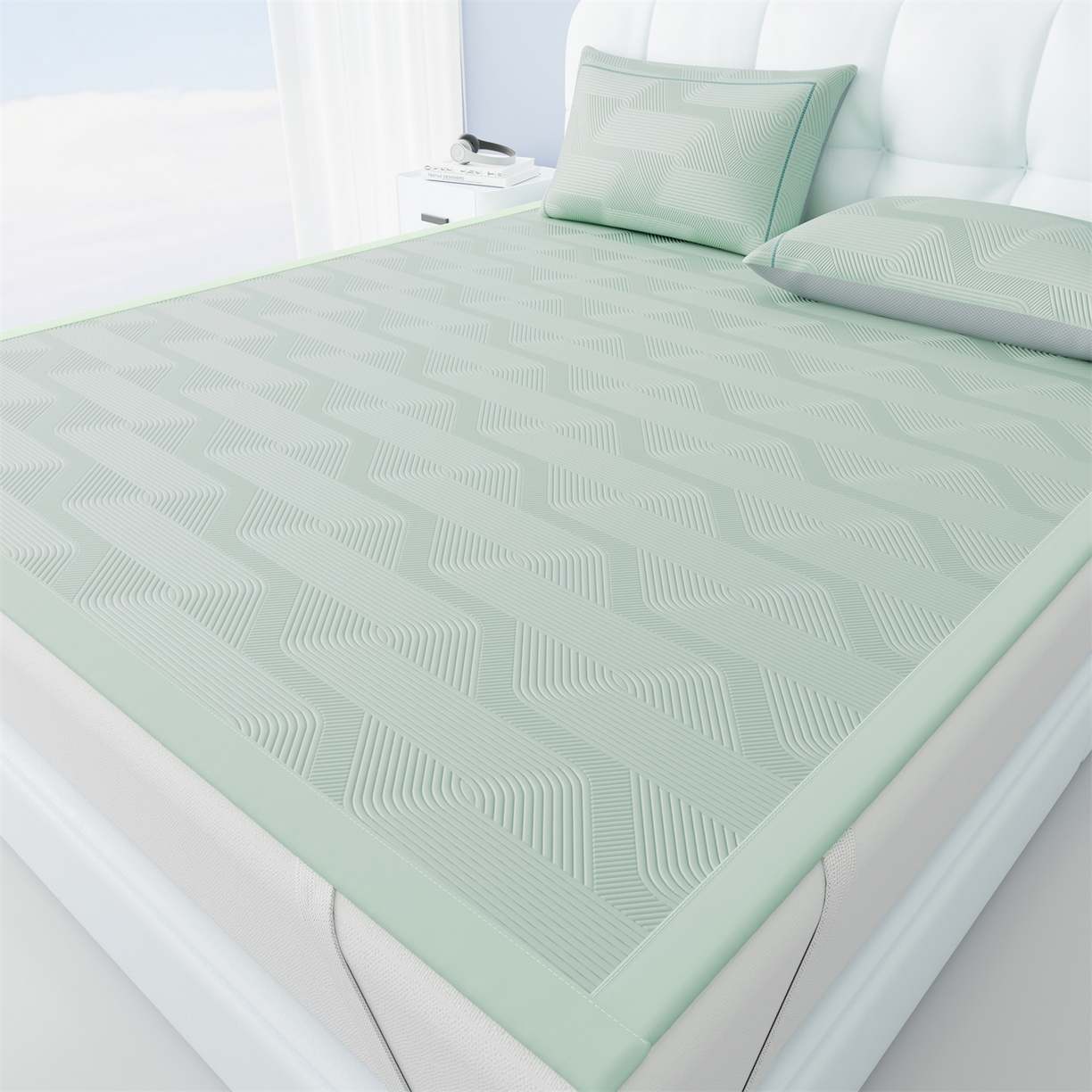 91家纺网 家纺一手货源 找家纺 怡源梦 2026新款PE高分子加厚三明治冰豆豆水波纹全包包边凉席席子 水波纹-绿色