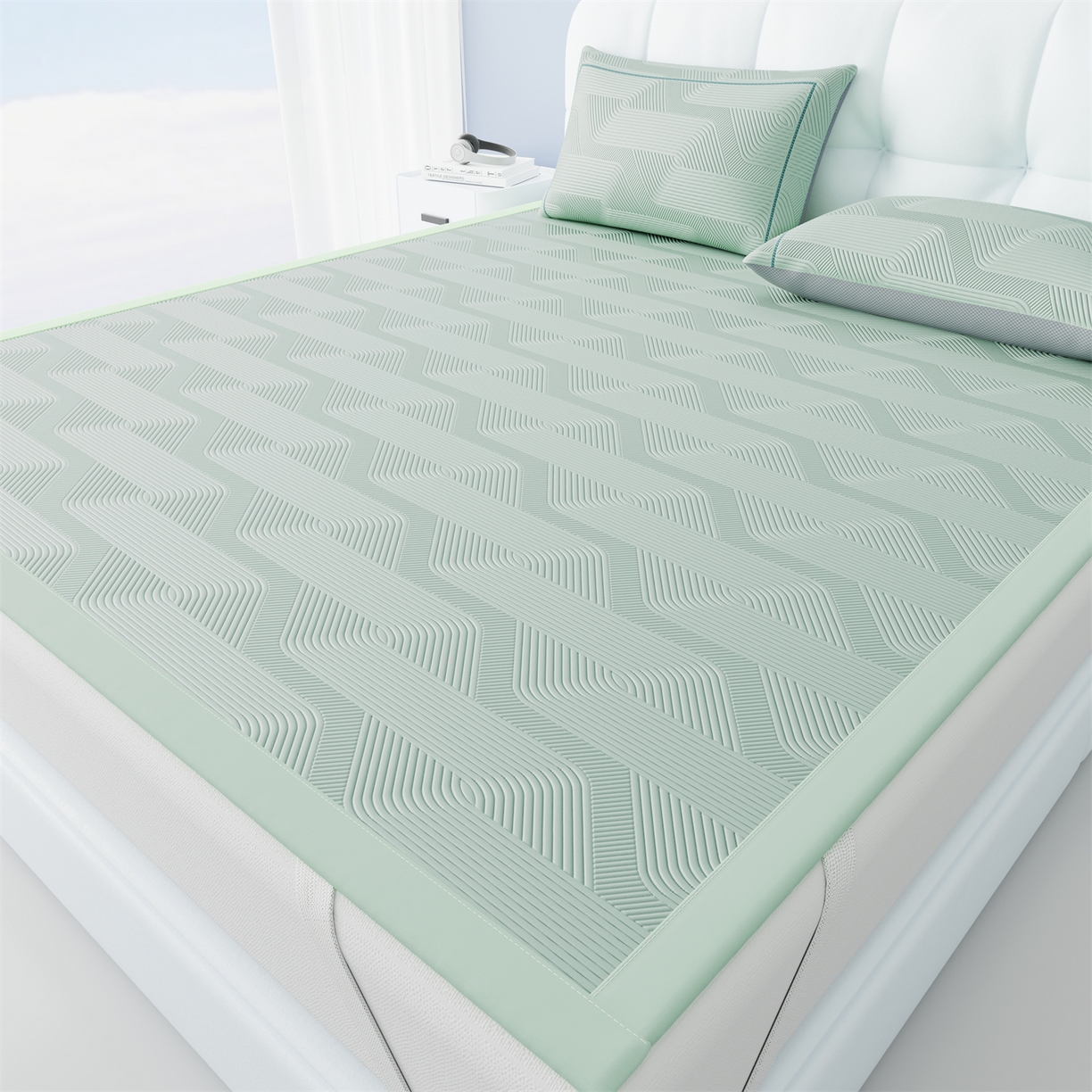 91家纺网 家纺一手货源 找家纺 怡源梦 2026新款PE高分子加厚三明治冰豆豆水波纹全包包边凉席席子 水波纹-绿色