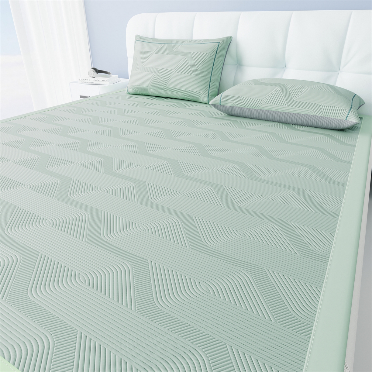 91家纺网 家纺一手货源 找家纺 怡源梦 2026新款PE高分子加厚三明治冰豆豆水波纹全包包边凉席席子 水波纹-绿色