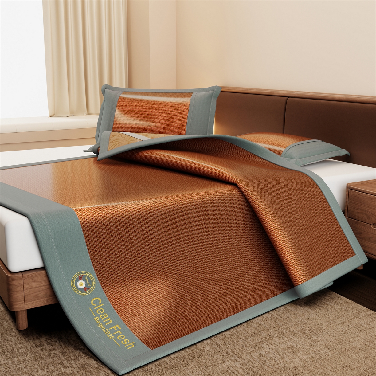 91家纺网 家纺一手货源 找家纺 怡源梦 2026新款古藤席刺绣双面系列 古藤席-棕色