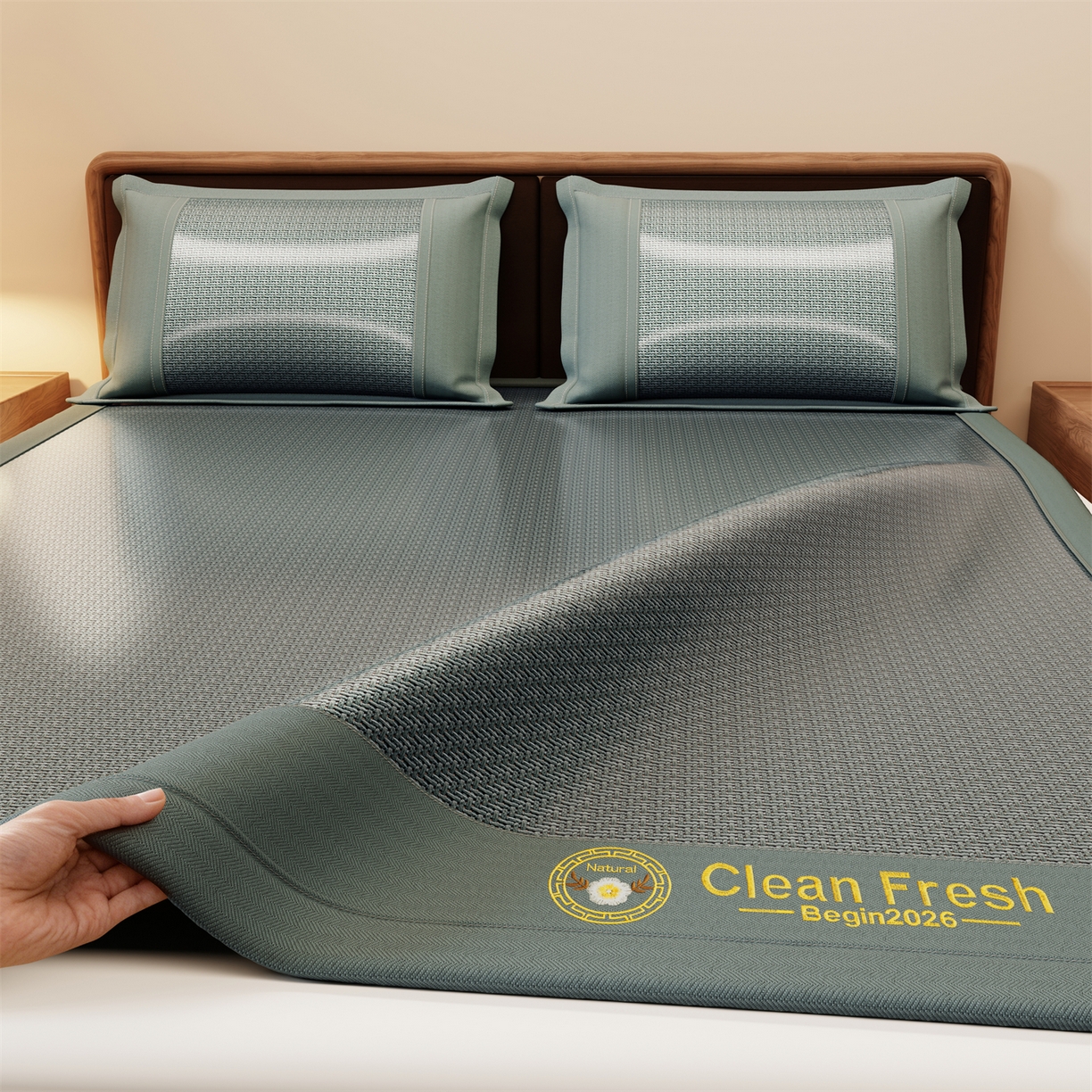 91家纺网 家纺一手货源 找家纺 怡源梦 2026新款古藤席刺绣双面系列 古藤席-绿色