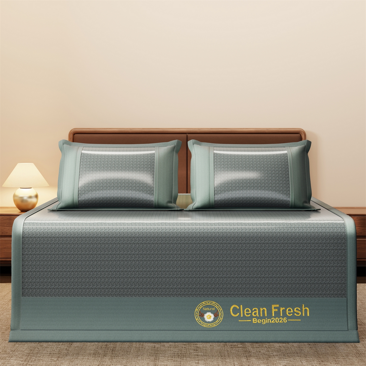 91家纺网 家纺一手货源 找家纺 怡源梦 2026新款古藤席刺绣双面系列 古藤席-绿色