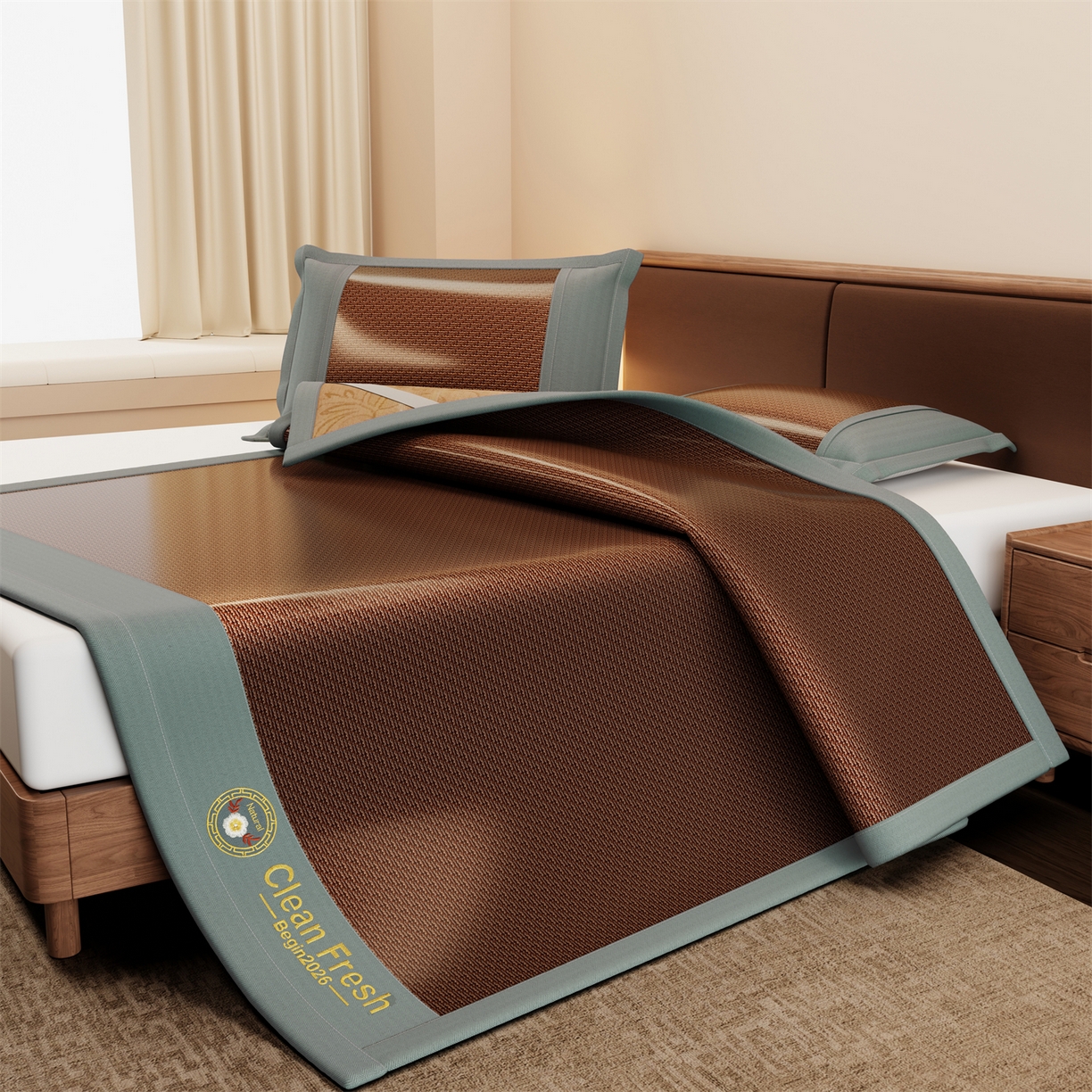 91家纺网 家纺一手货源 找家纺 怡源梦 2026新款古藤席刺绣双面系列枕套 古藤席-深咖