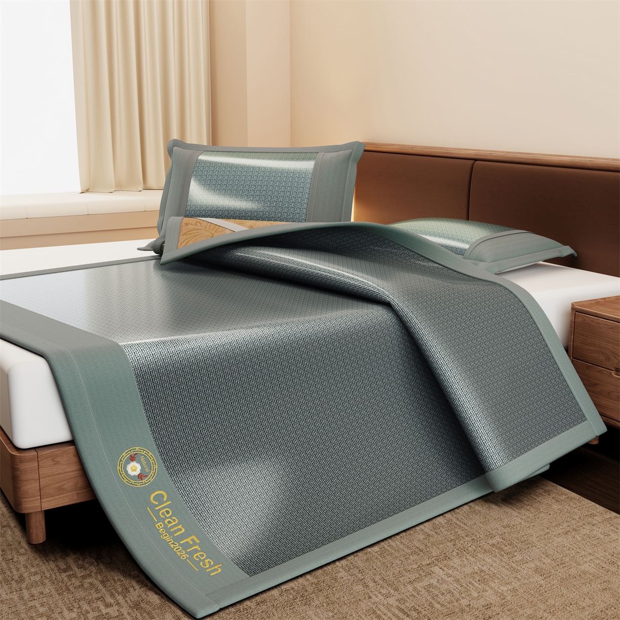 91家纺网 家纺一手货源 找家纺 怡源梦 2026新款古藤席刺绣双面系列枕套 古藤席-绿色