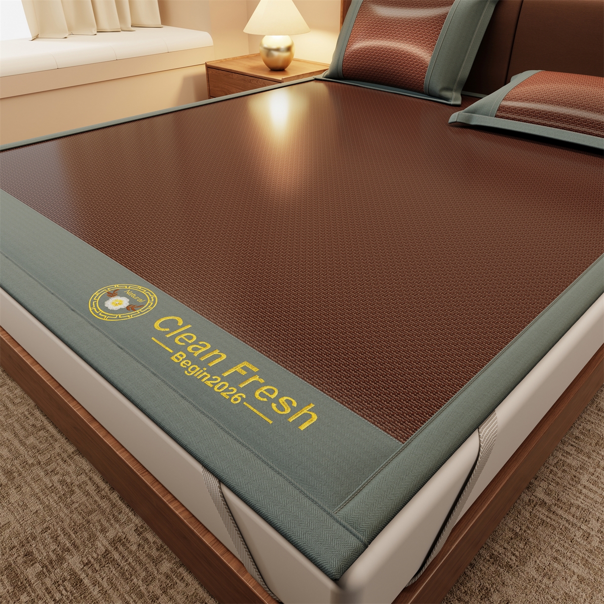 91家纺网 家纺一手货源 找家纺 怡源梦 2026新款古藤席刺绣双面系列枕套 古藤席-深咖