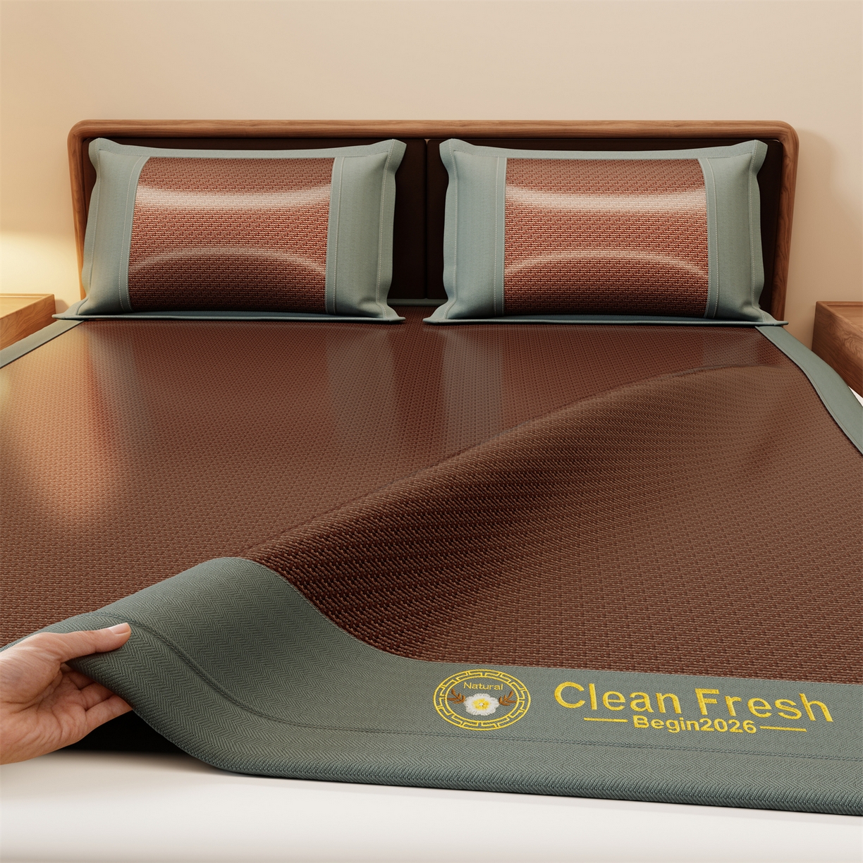 91家纺网 家纺一手货源 找家纺 怡源梦 2026新款古藤席刺绣双面系列枕套 古藤席-深咖