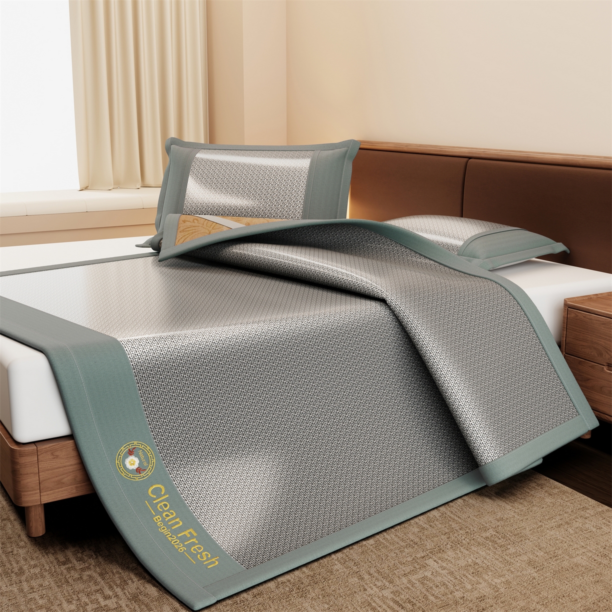 91家纺网 家纺一手货源 找家纺 怡源梦 2026新款古藤席刺绣双面系列枕套 古藤席-灰色