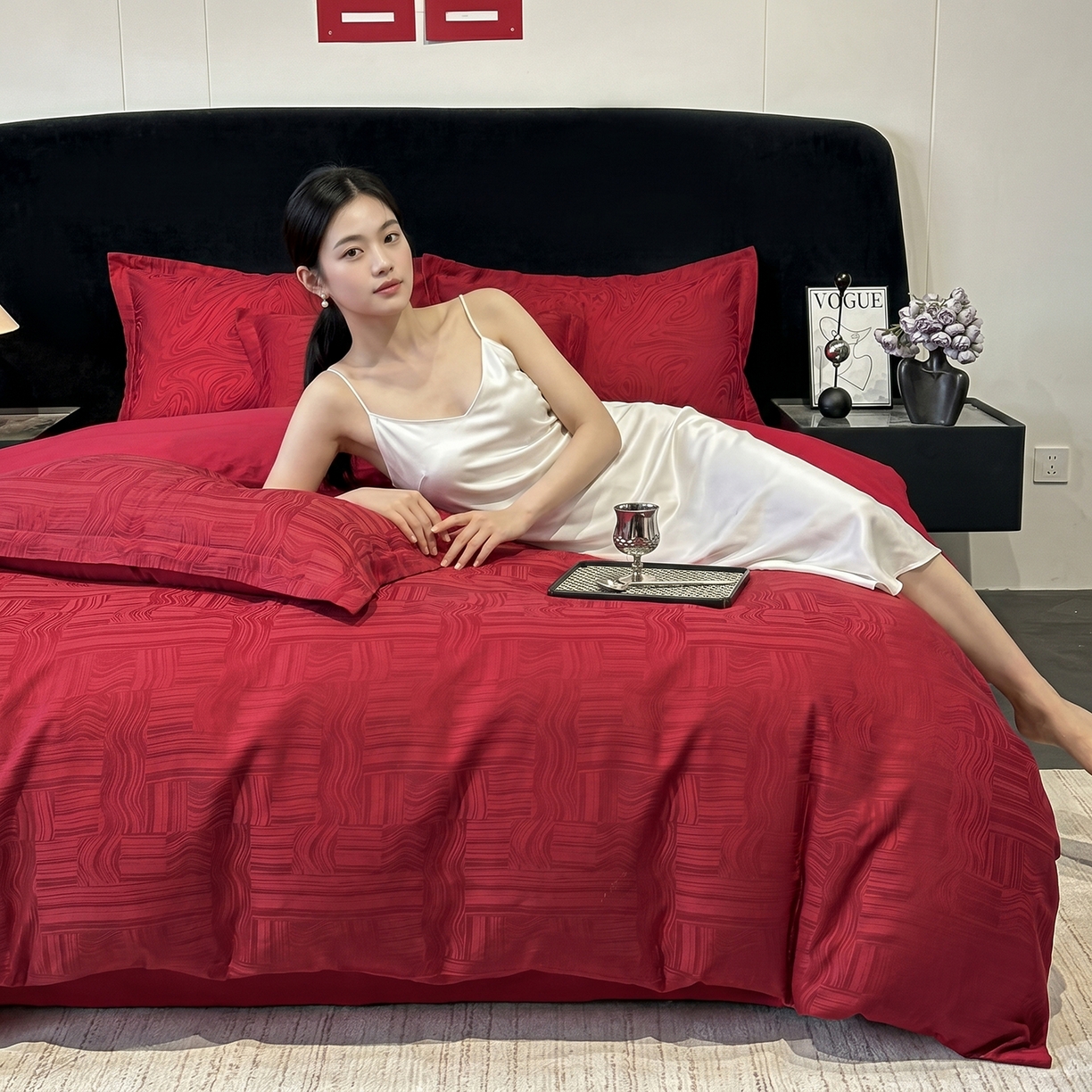 91家纺网 家纺一手货源 找家纺 （总）宅家居 2026新款婚庆系列A类A版60支立体浮雕贡缎提花光泽绸缎感B版长绒棉纯棉四件套