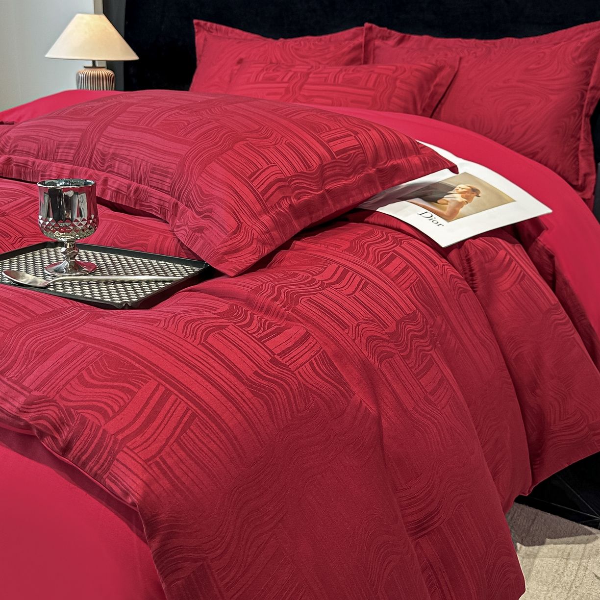 宅家居 2026新款婚庆系列A类A版60支立体浮雕贡缎提花光泽绸缎感B版长绒棉纯棉四件套 幻纤影-红